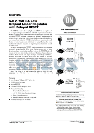 CS8126-1YT5G datasheet - 5.0 V, 750 mA Low Dropout Linear Regulator with Delayed RESET