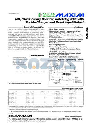 DS1374U-33 datasheet - I2C, 32-Bit Binary Counter Watchdog RTC with Trickle Charger and Reset Input/Output