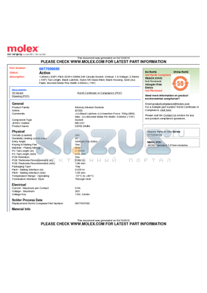 87705-6050 datasheet - 1.00mm (.039) Pitch DDR-II DIMM 240 Circuits Socket, Vertical, 1.8 Voltage, 2.54mm (.100) Tail Length, Black Latches, Nylon 6/6 Glass-filled, Black Housing