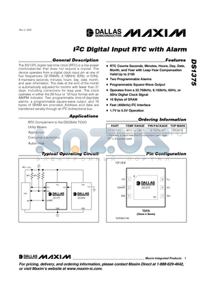 DS1375 datasheet - I2C Digital Input RTC with Alarm