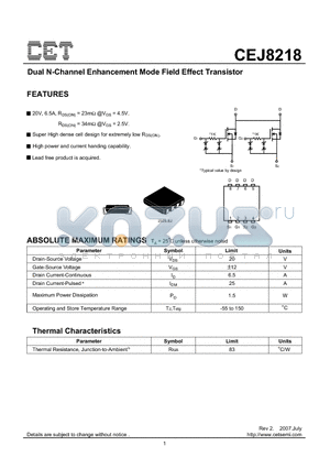 CEJ8218 datasheet - Dual N-Channel Enhancement Mode Field Effect Transistor