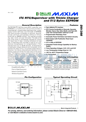 DS1388 datasheet - I2C RTC/Supervisor with Trickle Charger and 512 Bytes EEPROM