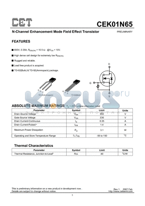 CEK01N65 datasheet - N-Channel Enhancement Mode Field Effect Transistor