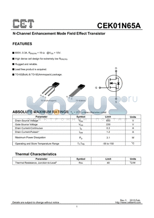 CEK01N65A datasheet - N-Channel Enhancement Mode Field Effect Transistor