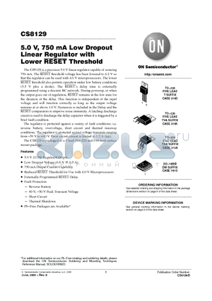 CS8129YDW16 datasheet - 5.0 V, 750 mA Low Dropout Linear Regulator with Lower RESET Threshold