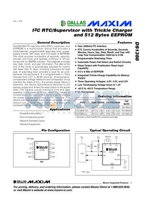 DS1388Z-5+ datasheet - I2C RTC/Supervisor with Trickle Charger and 512 Bytes EEPROM