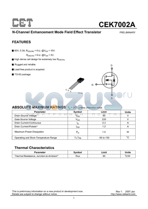 CEK7002A datasheet - N-Channel Enhancement Mode Field Effect Transistor