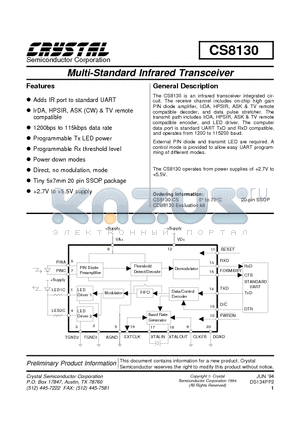 CS8130 datasheet - Multi-Standard Infrared Transceiver