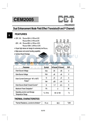 CEM2005 datasheet - Dual Enhancement Mode Field Effect Transistor(N and Channel)