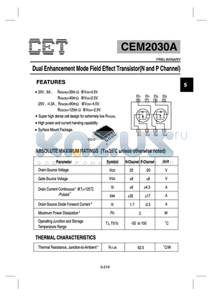 CEM2030A datasheet - Dual Enhancement Mode Field Effect Transistor(N and P Channel)