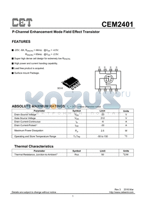 CEM2401 datasheet - P-Channel Enhancement Mode Field Effect Transistor