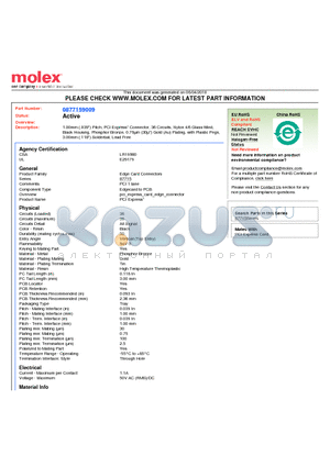 87715-9009 datasheet - 1.00mm (.039) Pitch, PCI Express* Connector, 36 Circuits, Nylon 4/6 Glass-filled, Black Housing, Phosphor Bronze, 0.76lm (30l) Gold (Au) Plating