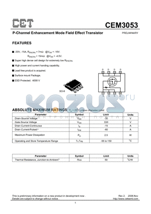 CEM3053 datasheet - P-Channel Enhancement Mode Field Effect Transistor