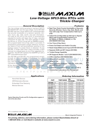 DS1392U-33 datasheet - Low-Voltage SPI/3-Wire RTCs with Trickle Charger