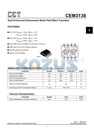 CEM3138 datasheet - Dual N-Channel Enhancement Mode Field Effect Transistor