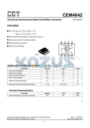 CEM4042 datasheet - Dual P-Channel Enhancement Mode Field Effect Transistor