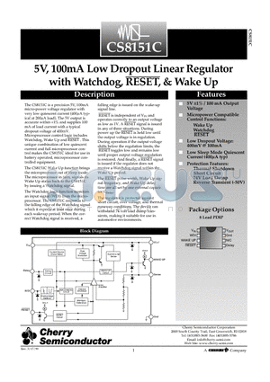 CS8151CGN8 datasheet - 5V, 100mA Low Dropout Linear Regulator with Watchdog, RESET, & Wake Up