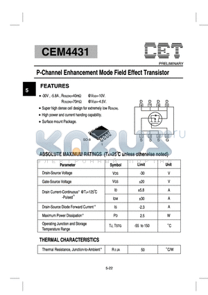 CEM4431 datasheet - P-Channel Enhancement Mode Field Effect Transistor