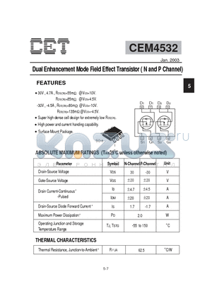 CEM4532 datasheet - Dual Enhancement Mode Field Effect Transistor ( N and P Channel)