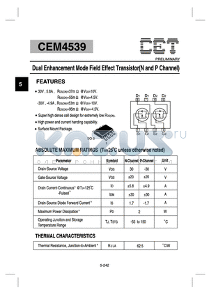 CEM4539 datasheet - Dual Enhancement Mode Field Effect Transistor(N and P Channel)