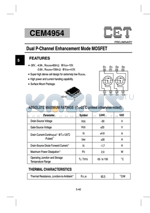 CEM4954 datasheet - Dual P-Channel Enhancement Mode MOSFET