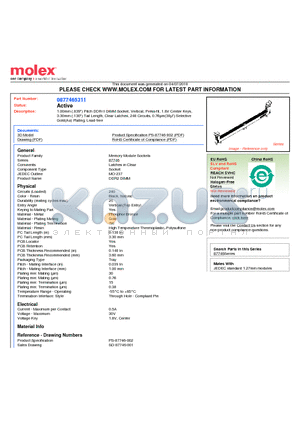 87746-5311 datasheet - 1.00mm (.039) Pitch DDR-II DIMM Socket, Vertical, Press-fit, 1.8V Center Keys, 3.30mm (.130) Tail Length, Clear Latches, 240 Circuits