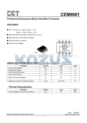 CEM6601 datasheet - P-Channel Enhancement Mode Field Effect Transistor