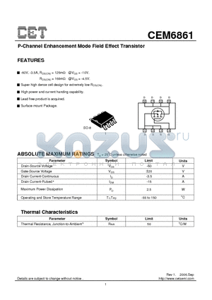 CEM6861 datasheet - P-Channel Enhancement Mode Field Effect Transistor