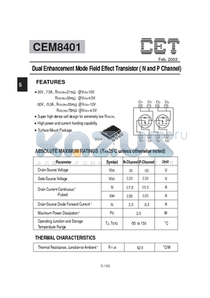 CEM8401 datasheet - Dual Enhancement Mode Field Effect Transistor ( N and P Channel)