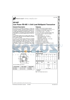 DS1487 datasheet - Low Power RS-485 1⁄4 Unit Load Multipoint Transceiver