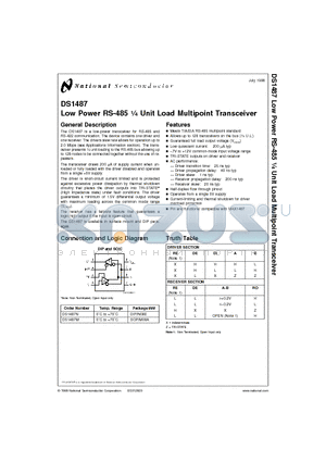 DS1487M datasheet - Low Power RS-485 1⁄4 Unit Load Multipoint Transceiver