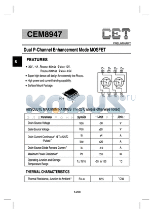 CEM8947 datasheet - Dual P-Channel Enhancement Mode MOSFET