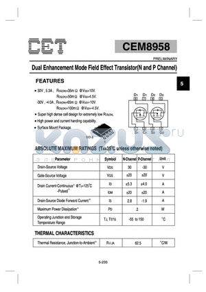 CEM8958 datasheet - Dual Enhancement Mode Field Effect Transistor(N and P Channel)