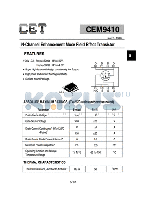 CEM9410 datasheet - N-Channel Enhancement Mode Field Effect Transistor