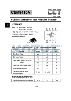 CEM9410A datasheet - N-Channel Enhancement Mode Field Effect Transistor