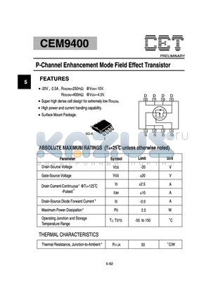 CEM9400 datasheet - P-Channel Enhancement Mode Field Effect Transistor