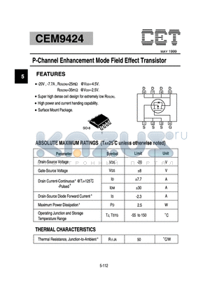 CEM9424 datasheet - P-Channel Enhancement Mode Field Effect Transistor