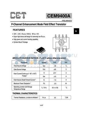 CEM9400A datasheet - P-Channel Enhancement Mode Field Effect Transistor