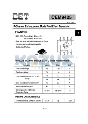 CEM9425 datasheet - P-Channel Enhancement Mode Field Effect Transistor