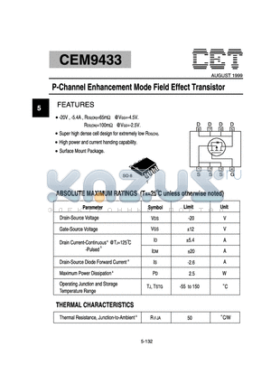 CEM9433 datasheet - P-Channel Enhancement Mode Field Effect Transistor