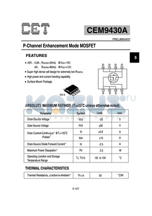 CEM9430 datasheet - P-Channel Enhancement Mode MOSFET