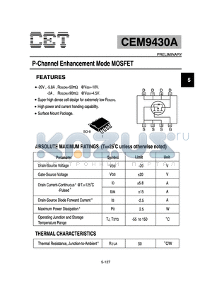 CEM9430A datasheet - P-Channel Enhancement Mode MOSFET
