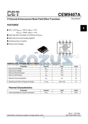 CEM9407A_10 datasheet - P-Channel Enhancement Mode Field Effect Transistor