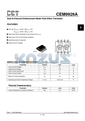 CEM9926A datasheet - Dual N-Channel Enhancement Mode Field Effect Transistor