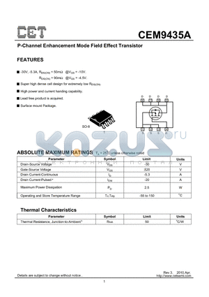 CEM9435A_10 datasheet - P-Channel Enhancement Mode Field Effect Transistor