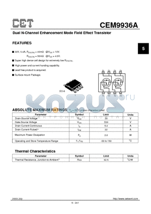 CEM9936A datasheet - Dual N-Channel Enhancement Mode Field Effect Transistor