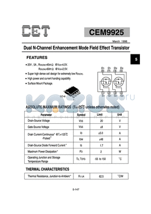 CEM9925 datasheet - Dual N-Channel Enhancement Mode Field Effect Transistor