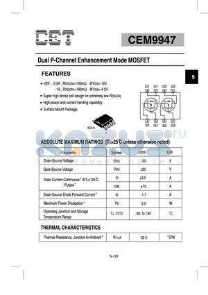 CEM9947 datasheet - Dual P-Channel Enhancement Mode MOSFET