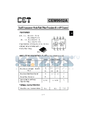 CEM9952A datasheet - Dual Enhancement Mode Field Effect Transistor(N and P Channel)