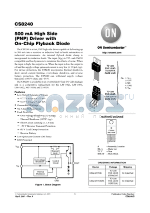 CS8240YTQVA5 datasheet - 500 mA High Side (PNP) Driver with On-Chip Flyback Diode